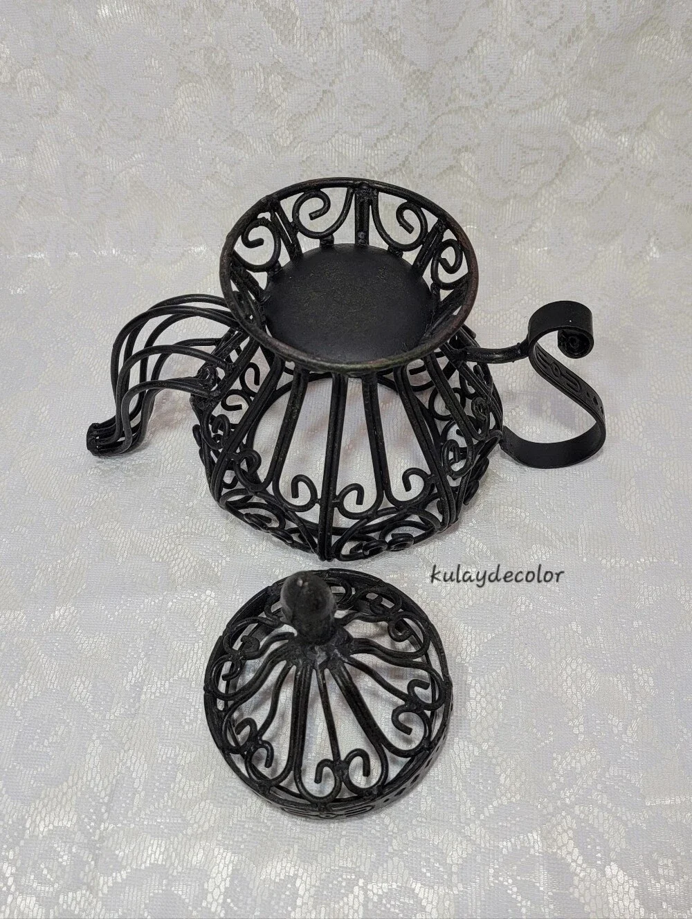 Filigree Style Wrought Iron Teapot Lantern Candle Holder Black Scroll Home Decor